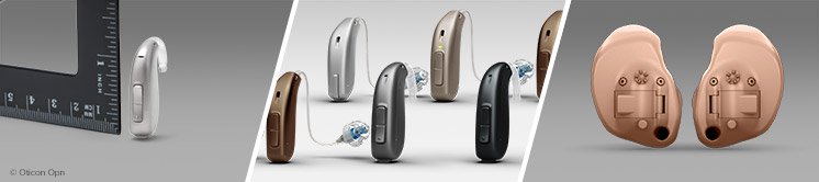 Various types and styles of modern hearing aids, including behind-the-ear and in-the-ear models.