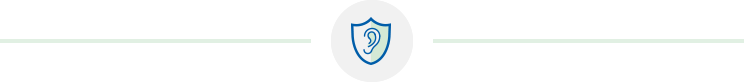 Shield icon with a hearing-related symbol inside.