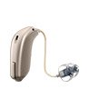 Receiver-in-the-ear (RITE) hearing aid with beige casing and slim tube design, featuring a compact build and discreet appearance.