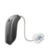 A sleek, gray hearing aid from Oticon featuring a discreet behind-the-ear design, connected via a thin tube to a clear, domed ear tip; ideal for improved hearing in various environments.