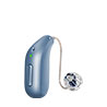 A sleek, blue hearing aid with a slim receiver wire and clear earpiece, displayed against a white background. The device is unbranded, suitable for hearing clinics and audiology care.