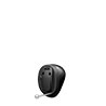 A compact black in-the-ear hearing aid with a small pull-tab protrudes, designed for discreet use. The plain white background emphasizes the advanced technology, ideal for hearing care solutions.