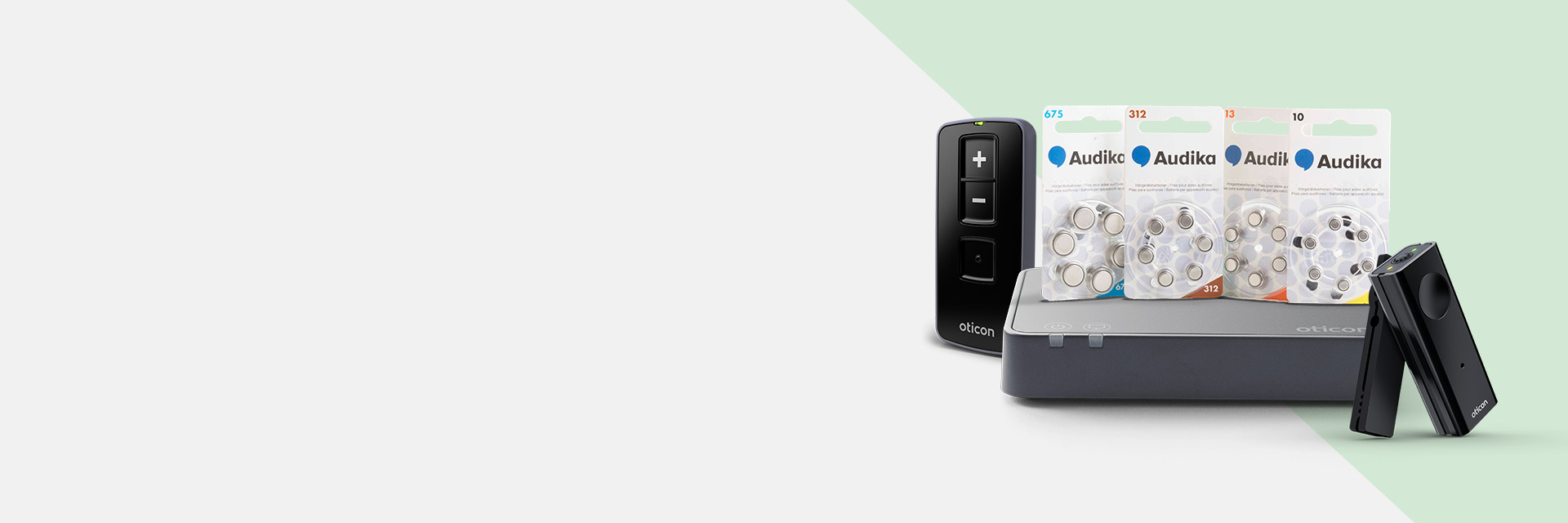Dispositivos ligados à audição incluem um controle remoto Oticon, carregador e acessórios, com pacotes de pilhas Audika (675, 312, 13, 10) em fundo claro e verde suave.