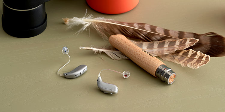 Aparaty słuchowe leżące na stole obok piór i drewnianego przedmiotu.