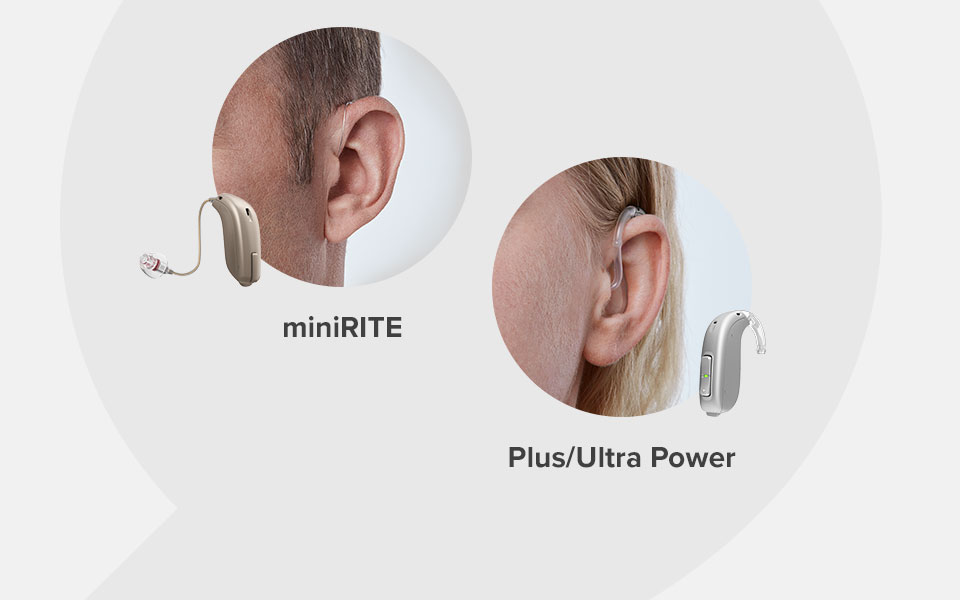 The image showcases two hearing aids in use: the miniRITE on a man's ear and the Plus/Ultra Power on a woman's ear, highlighting discreet, high-performance designs. Text reads: 'miniRITE' and 'Plus/Ultra Power.'