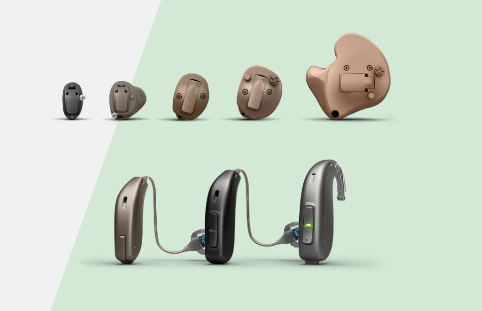 Hearing aids in various styles and sizes from multiple brands, including in-the-ear and behind-the-ear models.