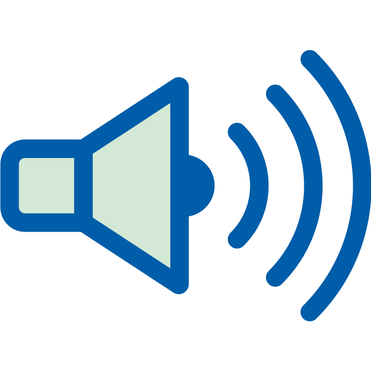 Un pictogramme en bleu et vert représentant un haut-parleur émettant des ondes sonores, symbolisant le volume ou le son, souvent utilisé pour des outils d'aide auditive ou tests auditifs.