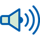 Un pictogramme en bleu et vert représentant un haut-parleur émettant des ondes sonores, symbolisant le volume ou le son, souvent utilisé pour des outils d’aide auditive ou tests auditifs.