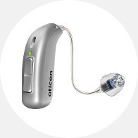 Silver hearing aid with receiver and clear earpiece, featuring the Oticon logo.
