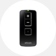 Controle remoto Oticon com botões para ajustar o volume e funções adicionais.