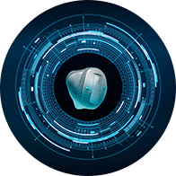 A sleek, in-ear hearing aid is showcased against a futuristic digital interface with circular blue data visualizations, emphasizing advanced technology in hearing care solutions. No text is visible.