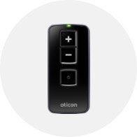 Fjernbetjening fra Oticon med knapper til lydstyrkekontrol og en multifunktionsknap