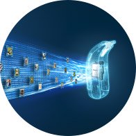 Un appareil auditif alimenté par l’intelligence artificielle avec des données numériques en arrière-plan