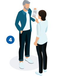 A gray-haired man reviews a hearing test audiogram with a clinician in a hearing clinic. The number ’4’ in a blue square signifies a step in the hearing care process.