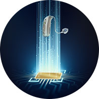 A sleek behind-the-ear hearing aid levitates above a golden microchip, surrounded by glowing blue digital streams, symbolizing advanced technology.