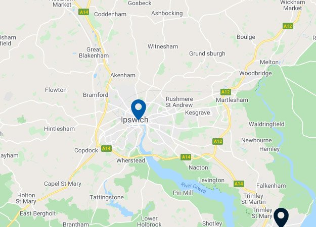 Mapa przedstawiająca lokalizację w Ipswich i okolicach.