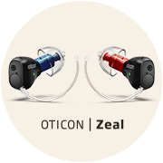Two Oticon Zeal hearing aids, one with a blue marker and the other with a red marker, are displayed symmetrically against a beige background with the text 'OTICON | Zeal' below.