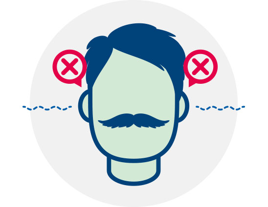 Ilustração de um rosto masculino verde-azulado com bigode azul-marinho, cercado por ícones de 'X' em vermelho sobre os ouvidos. Linhas pontilhadas sugerem perda ou ausência de audição no contexto.