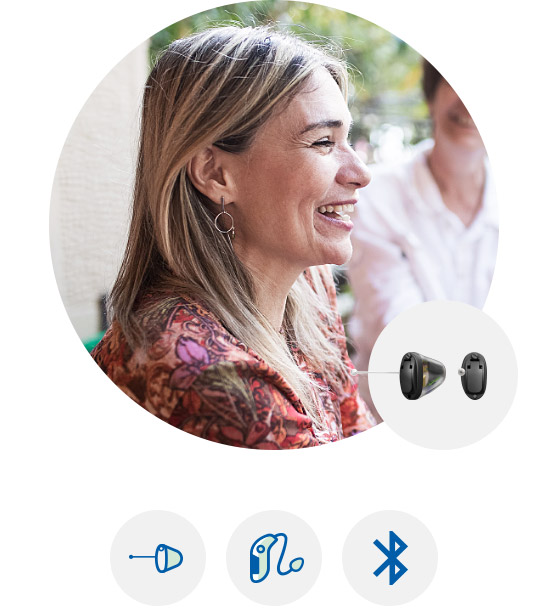 Image shows woman wearing Oticon Siya hearing aids