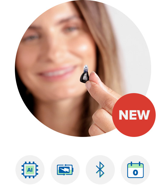 A hand holds a small, likely advanced hearing aid against a neutral background, with icons below representing features like AI, rechargeability, Bluetooth, and new technology. A bold red 'NEW' label emphasizes innovation.