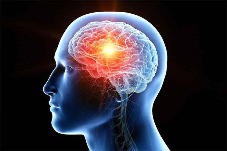 Een doorsnede van een menselijk hoofd toont een verlicht brein met een heldere oranje gloed in het midden, symboliserend hersenactiviteit of neurologische processen, tegen een donkere achtergrond.