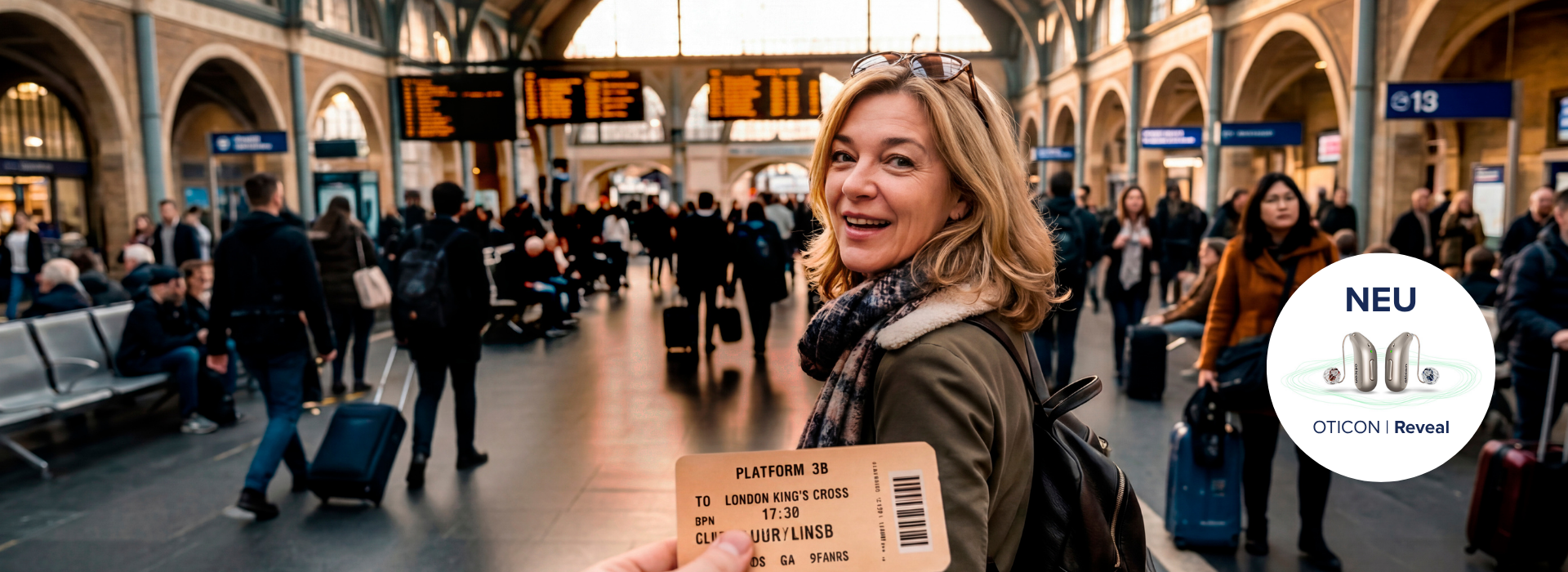 Oticon Reveal Hörgeräte mit Audika. Frau lachend am Bahnhof. 