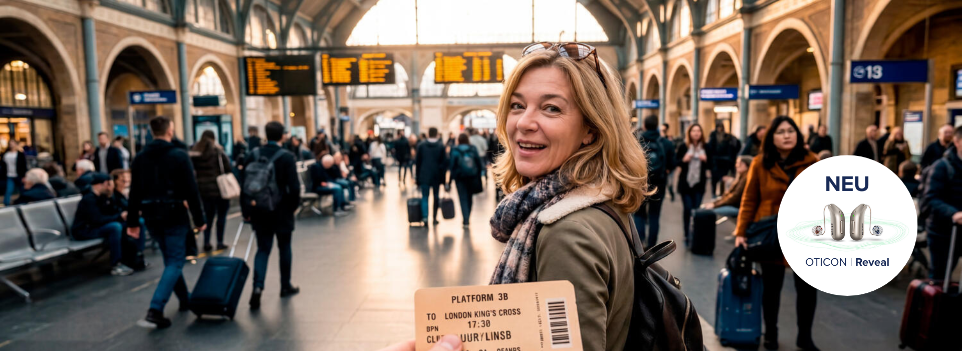 Oticon Reveal Hoergeraete Frau am Bahhof