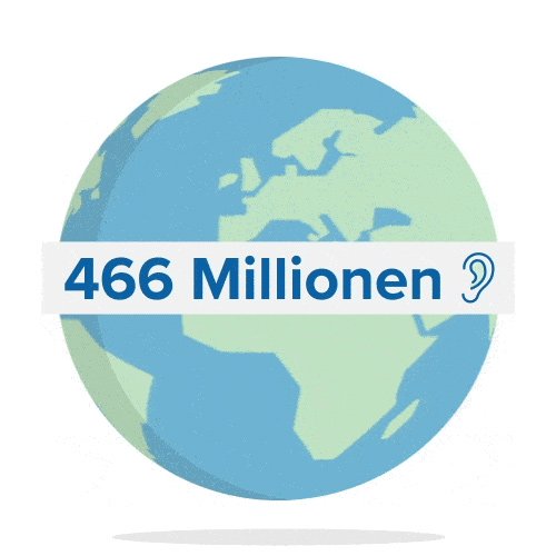 Eine stilisierte Weltkugel zeigt die Zahl ’466 Millionen’ neben einem Ohr-Symbol, betont globale Hörverlust-Zahlen. Kontext weist auf Bewusstseinskampagnen von Audika im Bereich Hörgesundheit und Hörgeräteversorgung hin.