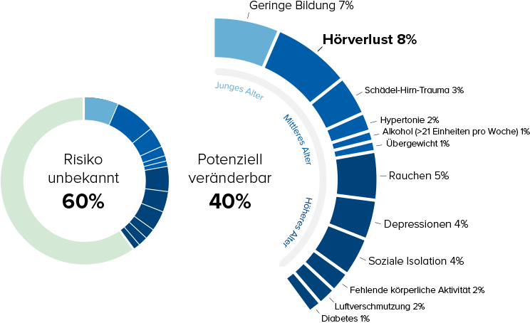 Ein kreisförmiges Diagramm zeigt Risikofaktoren für Hörverlust, unterteilt in 'Risiko unbekannt' (60%) und 'Potenziell veränderbar' (40%). Veränderbare Faktoren umfassen Rauchen (5%), Depressionen (4%), geringe Bildung (7%) und soziale Isolation (4%).