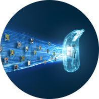 Des données numériques et images convergent vers un appareil auditif doté d’intelligence artificielle.