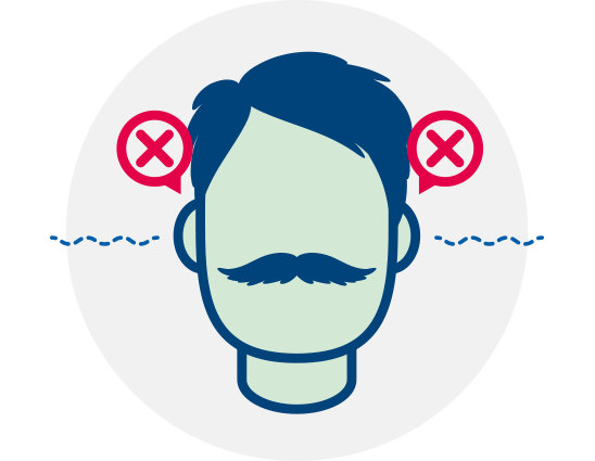 Perte auditive bilatérale représentée par des croix rouges près des oreilles d’un personnage.