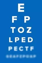 Un tableau d’acuité visuelle bleu avec plusieurs lignes de lettres blanches, commençant par un grand « E » en haut et des lignes de plus en plus petites vers le bas, les dernières étant floues.