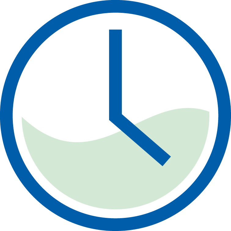Une horloge stylisée avec un contour bleu et des aiguilles indiquant 10h10, accompagnée d’une forme verte ondulée en arrière-plan, évoquant une notion de temps ou de progression.
