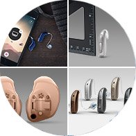 Le visuel présente quatre types d’appareils auditifs : intra-auriculaires beiges, contours d’oreille argentés et colorés, accompagnés d’accessoires. Contexte : table en bois, règle, et arrière-plan neutre.