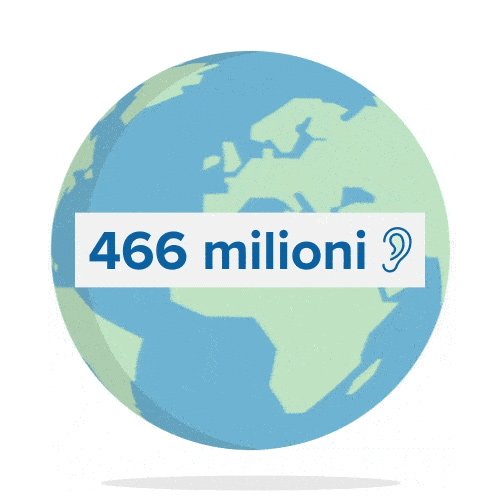 Un globo terrestre stilizzato mostra la scritta ’466 milioni’ accompagnata da un’icona di un orecchio, evidenziando il numero di persone con problemi uditivi a livello globale.
