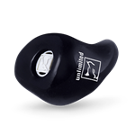 Apparecchio acustico nero su sfondo bianco con logo ’unlimited’ e design ergonomico.