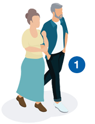 Una coppia adulta cammina insieme, con la donna che tiene il braccio dell’uomo. Entrambi indossano abiti casual. Sfondo bianco con un cerchio blu contrassegnato dal numero ’1’.