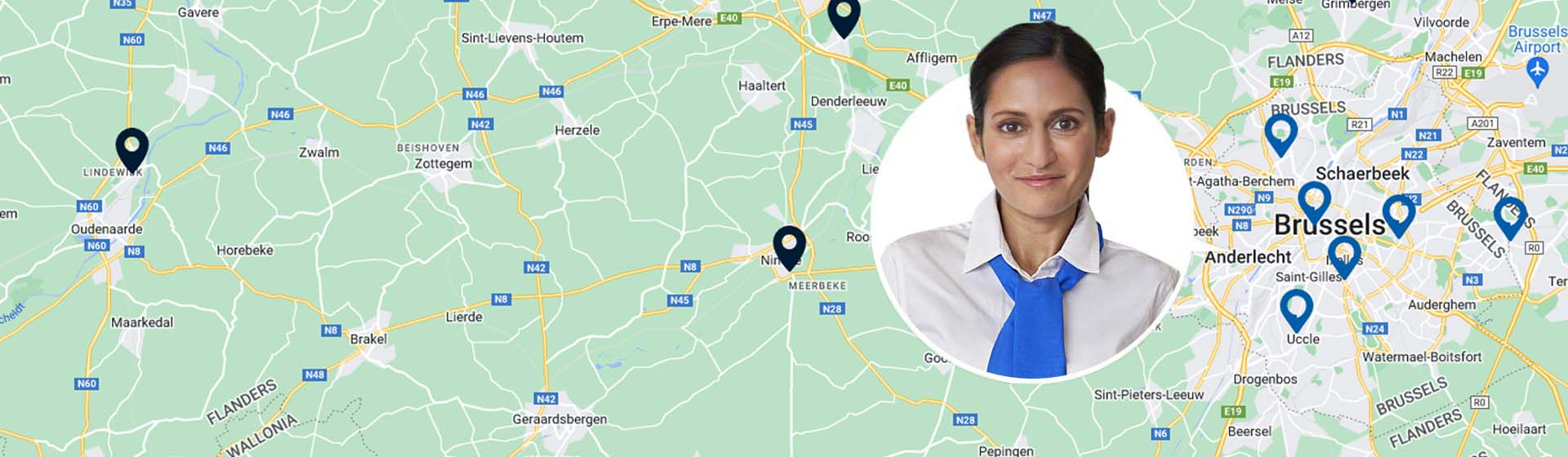 Plattegrond met locaties van hoorcentra in de omgeving van Brussel en afbeelding van een audioloog.